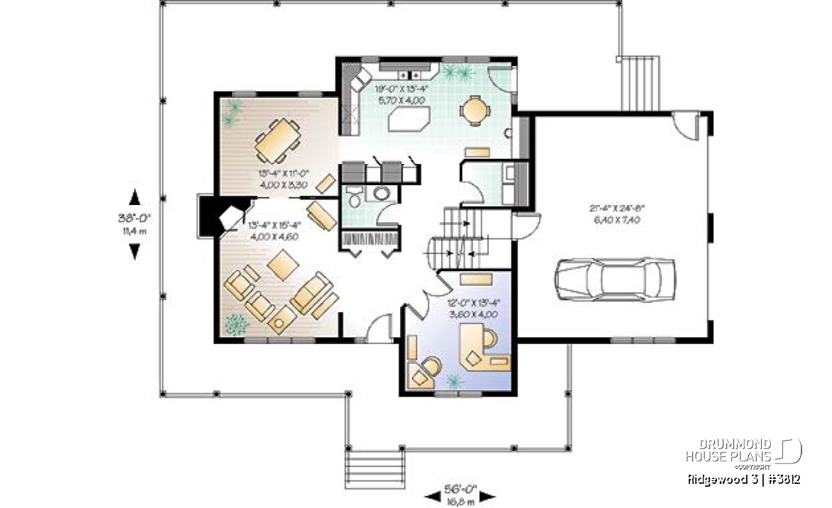 1st level - Country American house plan, 3 to 4 bedrooms, large wraparound balcony, home office - Ridgewood 3