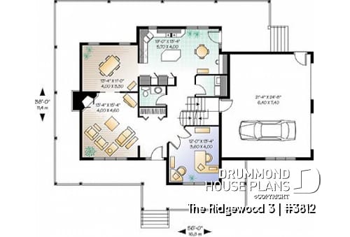 1st level - Country American house plan, 3 to 4 bedrooms, large wraparound balcony, home office - Ridgewood 3