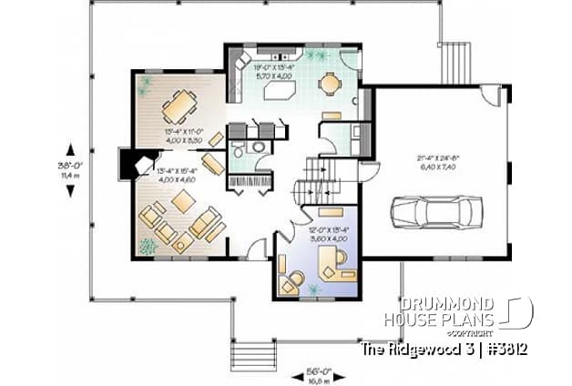 1st level - Country American house plan, 3 to 4 bedrooms, large wraparound balcony, home office - Ridgewood 3