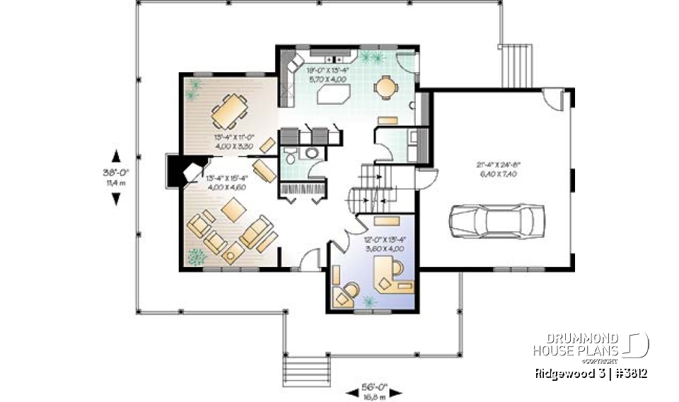 1st level - Country American house plan, 3 to 4 bedrooms, large wraparound balcony, home office - Ridgewood 3
