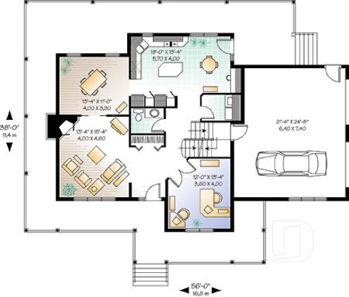 1st level - Country American house plan, 3 to 4 bedrooms, large wraparound balcony, home office - Ridgewood 3