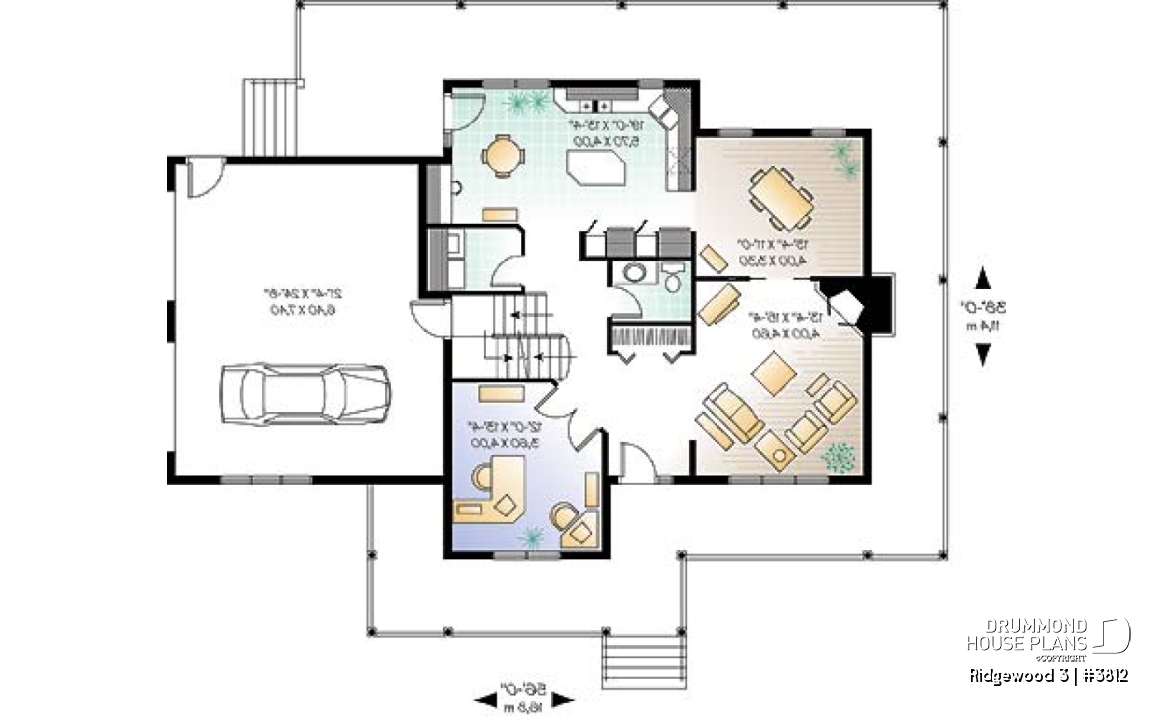 1st level - Country American house plan, 3 to 4 bedrooms, large wraparound balcony, home office - Ridgewood 3