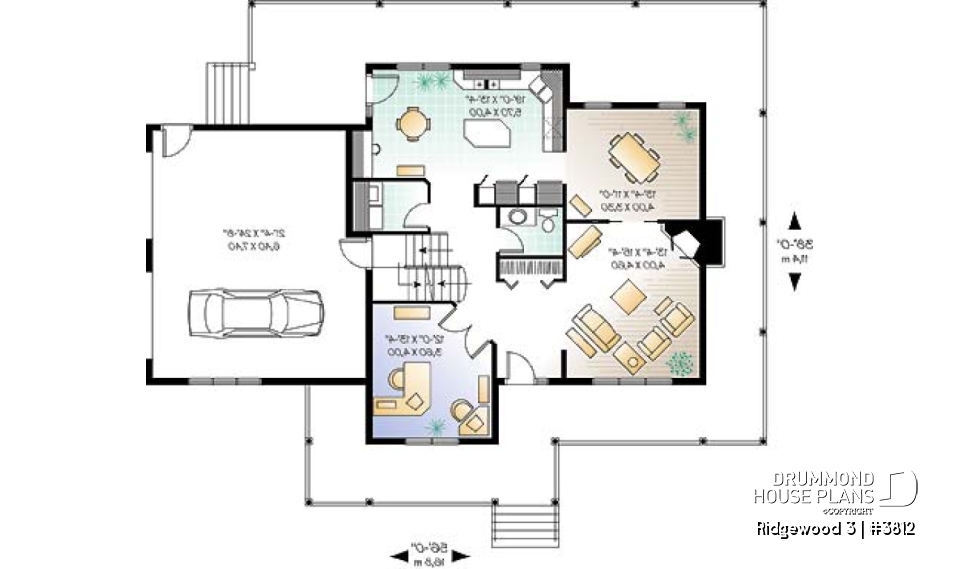 1st level - Country American house plan, 3 to 4 bedrooms, large wraparound balcony, home office - Ridgewood 3