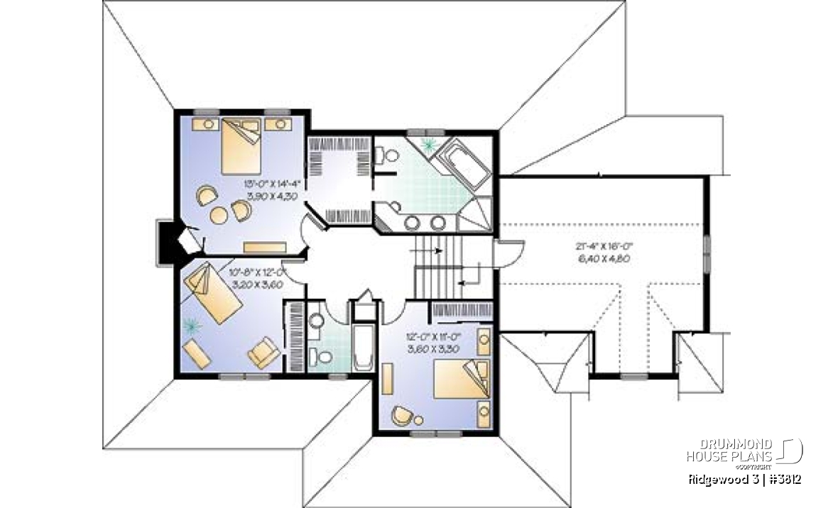 2nd level - Country American house plan, 3 to 4 bedrooms, large wraparound balcony, home office - Ridgewood 3