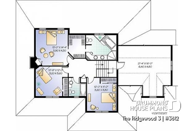 2nd level - Country American house plan, 3 to 4 bedrooms, large wraparound balcony, home office - Ridgewood 3