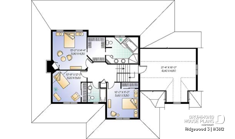 2nd level - Country American house plan, 3 to 4 bedrooms, large wraparound balcony, home office - Ridgewood 3