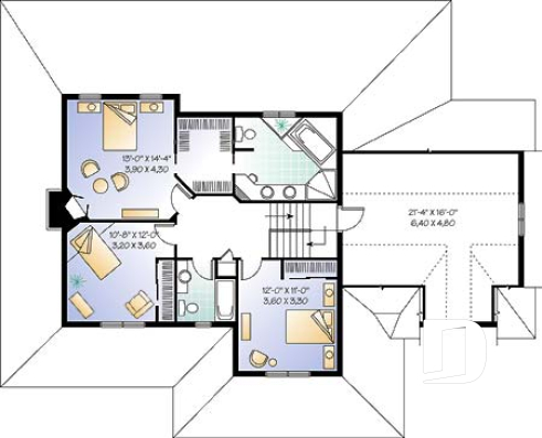 2nd level - Country American house plan, 3 to 4 bedrooms, large wraparound balcony, home office - Ridgewood 3