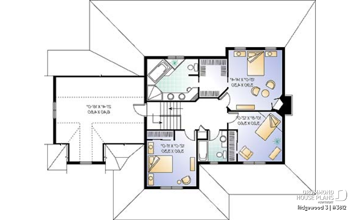 2nd level - Country American house plan, 3 to 4 bedrooms, large wraparound balcony, home office - Ridgewood 3