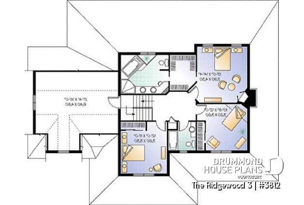 2nd level - Country American house plan, 3 to 4 bedrooms, large wraparound balcony, home office - Ridgewood 3