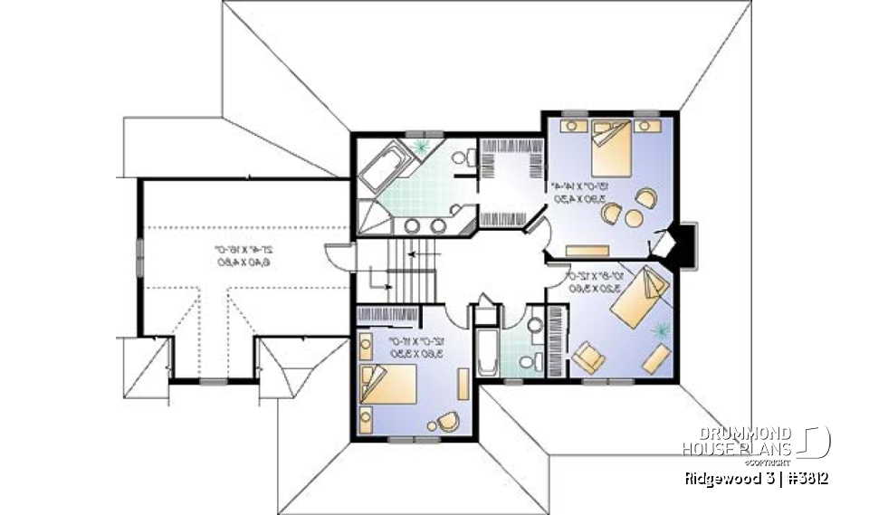2nd level - Country American house plan, 3 to 4 bedrooms, large wraparound balcony, home office - Ridgewood 3