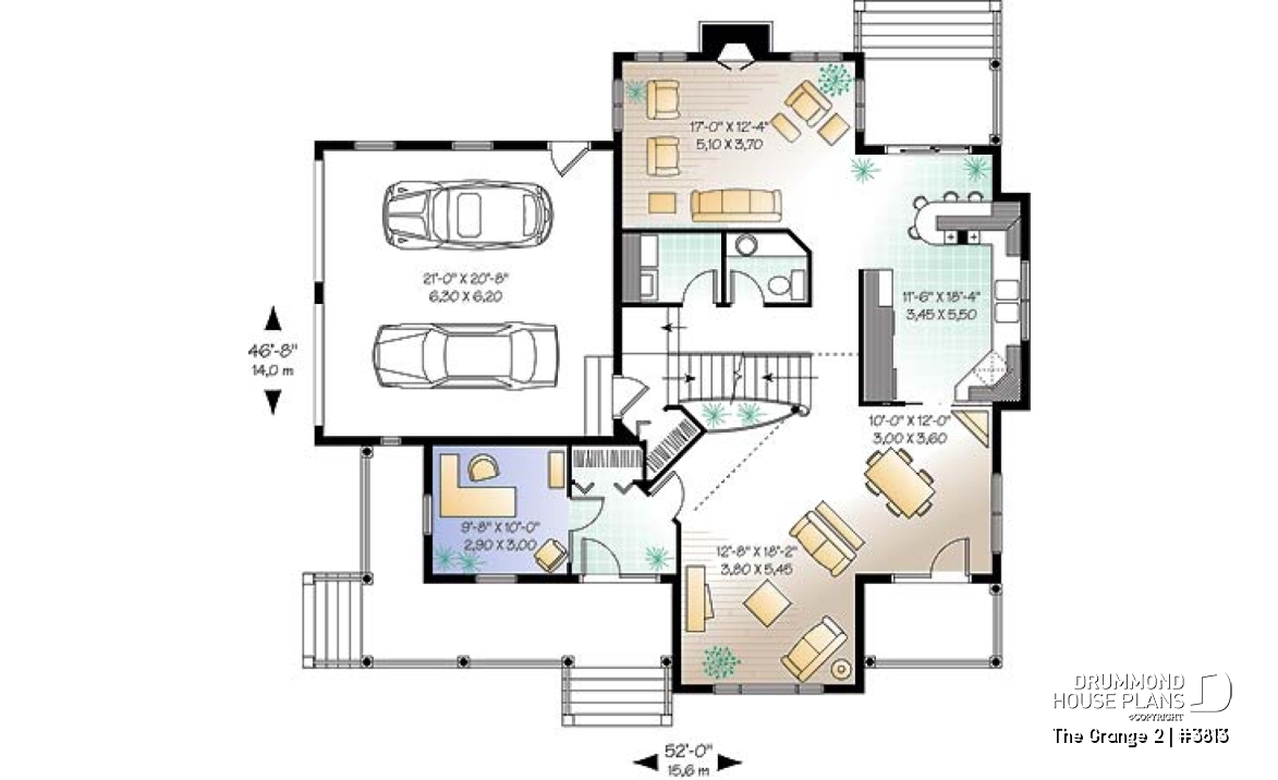 1st level - Charming 3 bedroom country cottage house plan, formal living and dining room, 2-car garage - The Grange 2