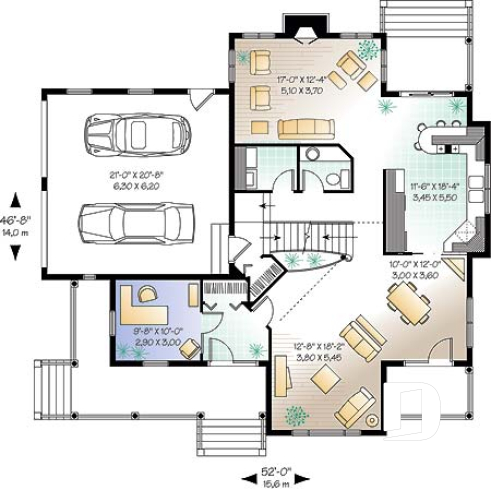 1st level - Charming 3 bedroom country cottage house plan, formal living and dining room, 2-car garage - The Grange 2