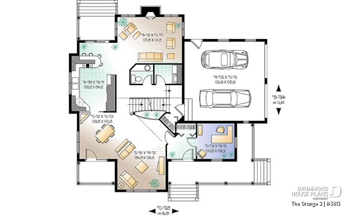 1st level - Charming 3 bedroom country cottage house plan, formal living and dining room, 2-car garage - The Grange 2