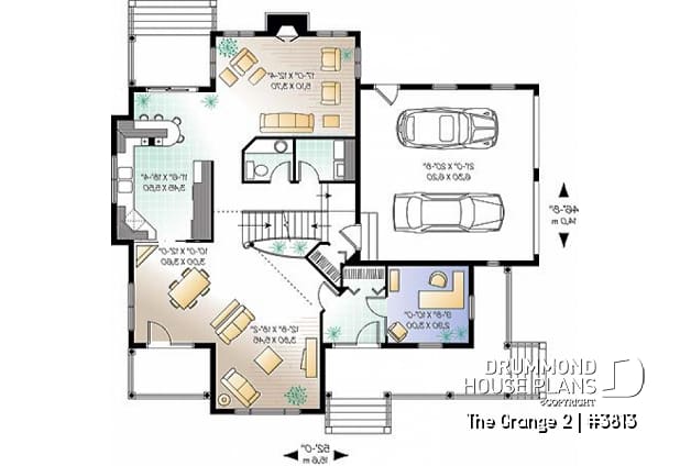1st level - Charming 3 bedroom country cottage house plan, formal living and dining room, 2-car garage - The Grange 2
