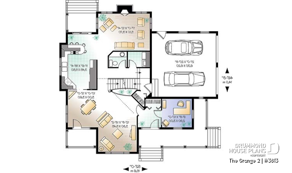 1st level - Charming 3 bedroom country cottage house plan, formal living and dining room, 2-car garage - The Grange 2