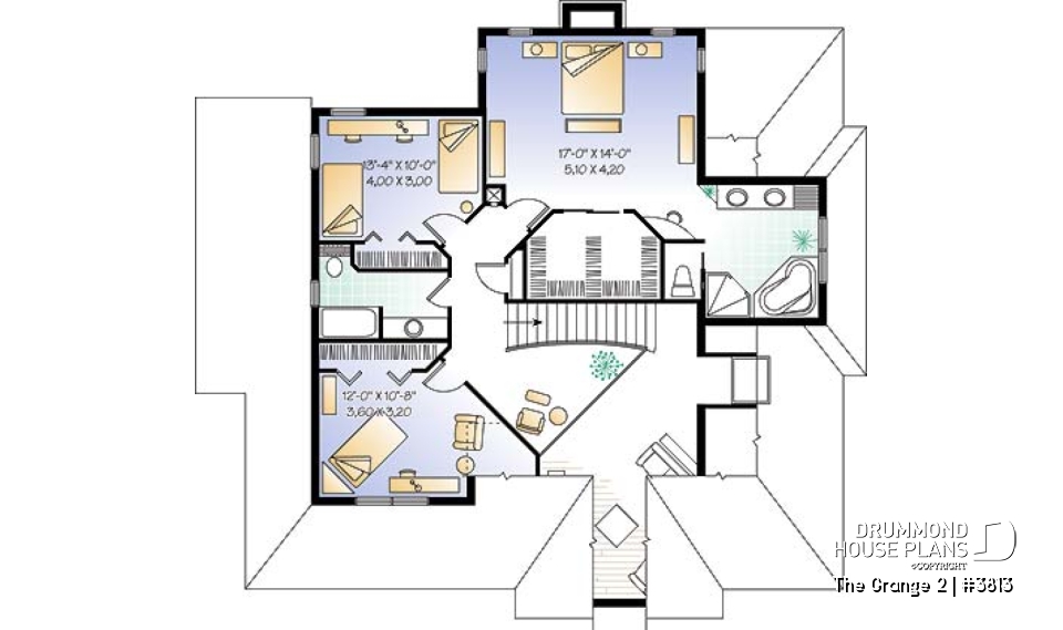 2nd level - Charming 3 bedroom country cottage house plan, formal living and dining room, 2-car garage - The Grange 2