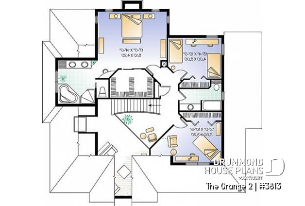 2nd level - Charming 3 bedroom country cottage house plan, formal living and dining room, 2-car garage - The Grange 2