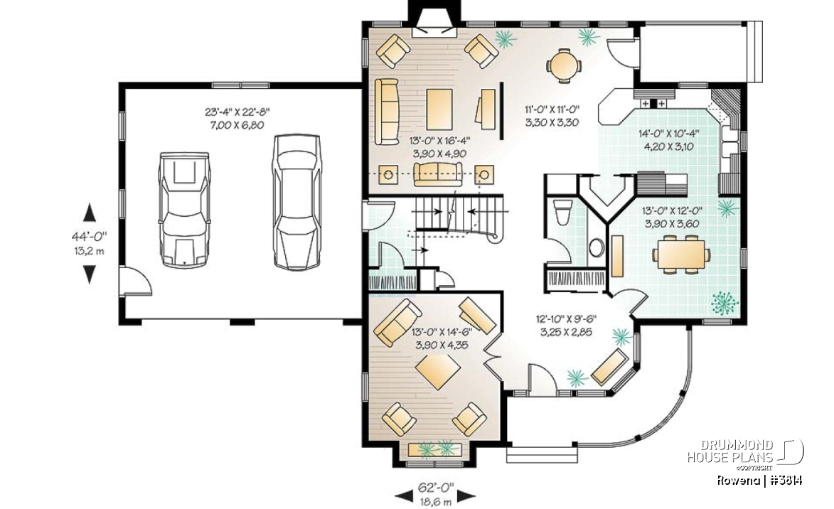 1st level - Victorian house plan with 3 to 4 bedrooms, formal dining room, open family area, large bonus room above garage - Rowena