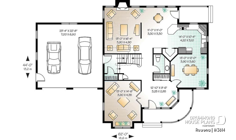 1st level - Victorian house plan with 3 to 4 bedrooms, formal dining room, open family area, large bonus room above garage - Rowena