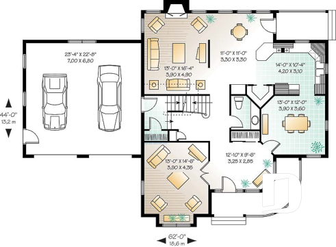 1st level - Victorian house plan with 3 to 4 bedrooms, formal dining room, open family area, large bonus room above garage - Rowena