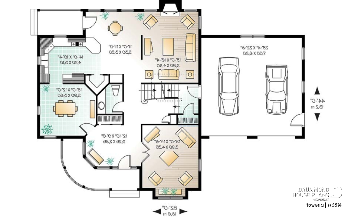 1st level - Victorian house plan with 3 to 4 bedrooms, formal dining room, open family area, large bonus room above garage - Rowena