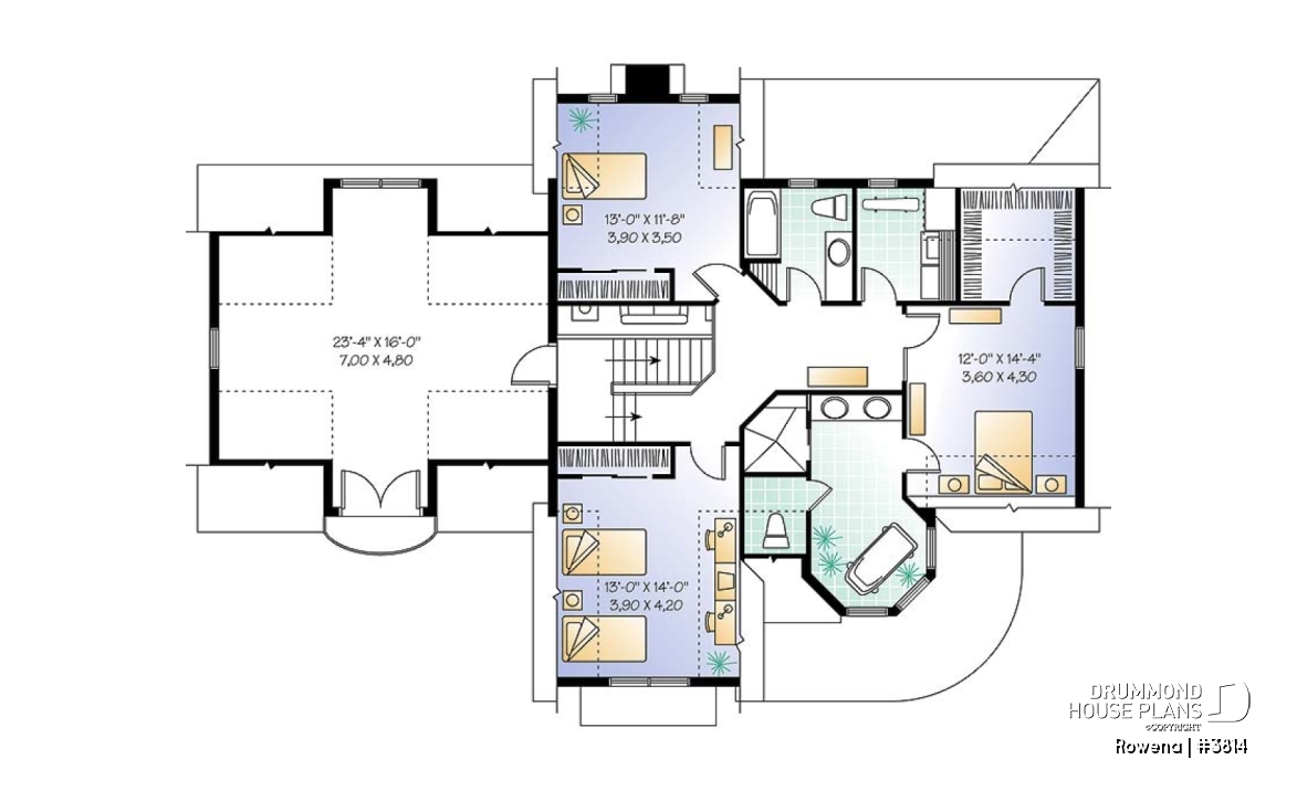 2nd level - Victorian house plan with 3 to 4 bedrooms, formal dining room, open family area, large bonus room above garage - Rowena
