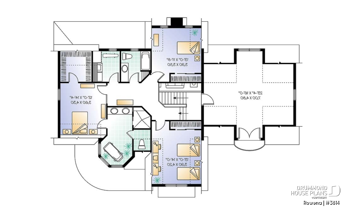 2nd level - Victorian house plan with 3 to 4 bedrooms, formal dining room, open family area, large bonus room above garage - Rowena