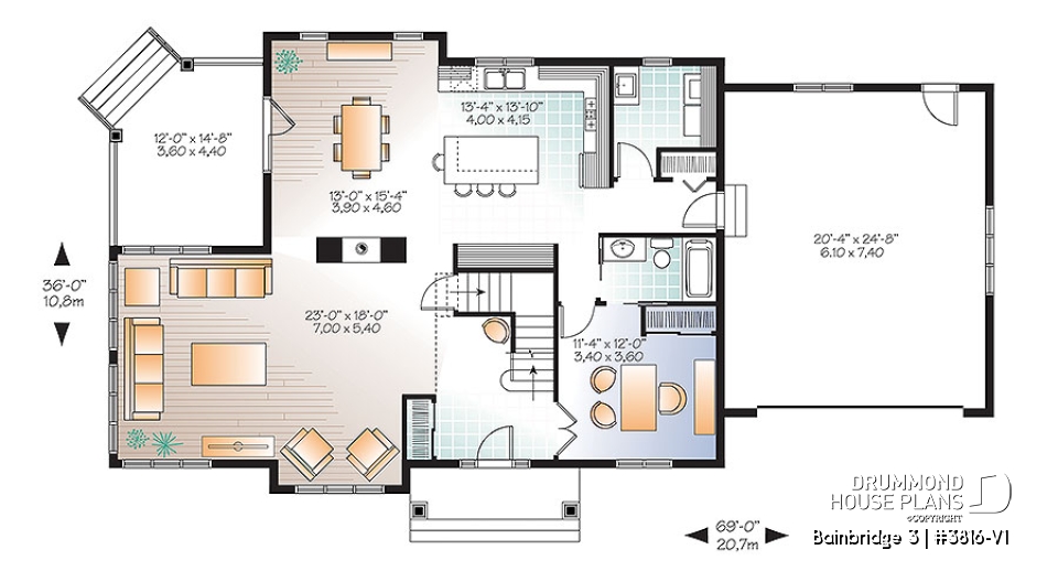 1st level - Two master suites Craftsman house plan, 4 bedrooms, 4 bathrooms, home office, solarium, fireplace - Bainbridge 3