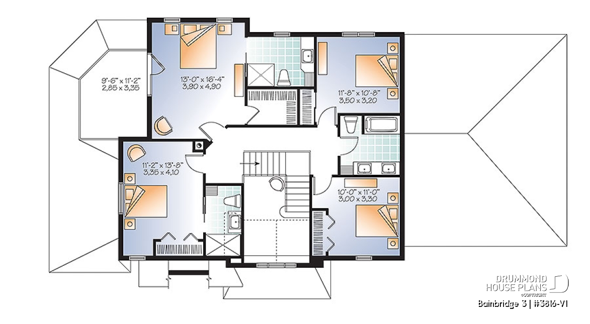 2nd level - Two master suites Craftsman house plan, 4 bedrooms, 4 bathrooms, home office, solarium, fireplace - Bainbridge 3