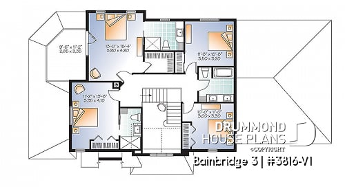 2nd level - Two master suites Craftsman house plan, 4 bedrooms, 4 bathrooms, home office, solarium, fireplace - Bainbridge 3