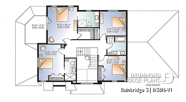 2nd level - Two master suites Craftsman house plan, 4 bedrooms, 4 bathrooms, home office, solarium, fireplace - Bainbridge 3