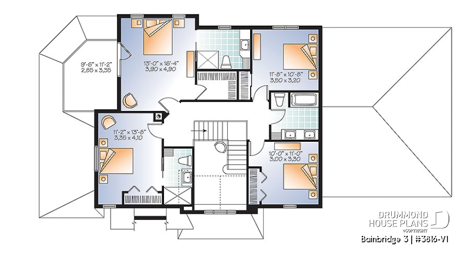2nd level - Two master suites Craftsman house plan, 4 bedrooms, 4 bathrooms, home office, solarium, fireplace - Bainbridge 3