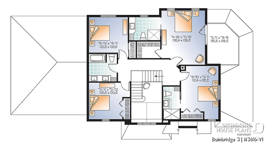 2nd level - Two master suites Craftsman house plan, 4 bedrooms, 4 bathrooms, home office, solarium, fireplace - Bainbridge 3