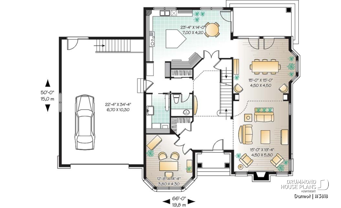 1st level - European castle style house plan, 4 bedrooms + large bonus room, 2-car garage, large master suite with sitting - Darmot