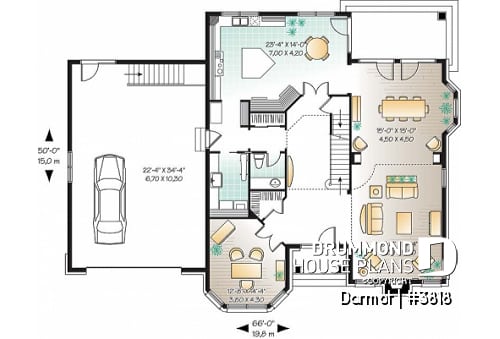 1st level - European castle style house plan, 4 bedrooms + large bonus room, 2-car garage, large master suite with sitting - Darmot