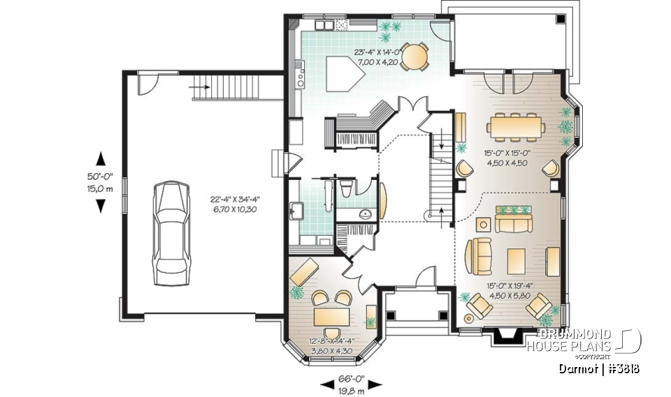 1st level - European castle style house plan, 4 bedrooms + large bonus room, 2-car garage, large master suite with sitting - Darmot