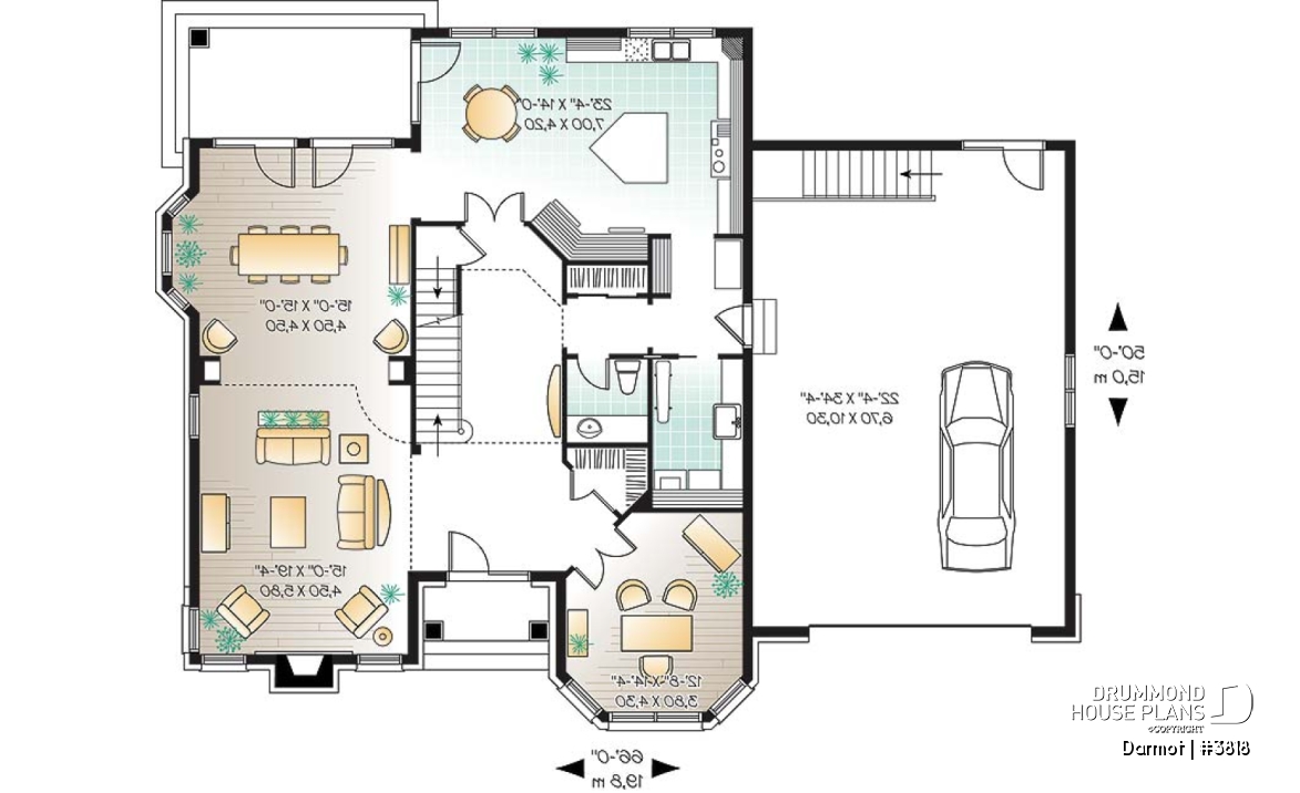 1st level - European castle style house plan, 4 bedrooms + large bonus room, 2-car garage, large master suite with sitting - Darmot