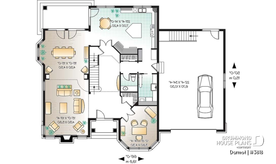 1st level - European castle style house plan, 4 bedrooms + large bonus room, 2-car garage, large master suite with sitting - Darmot