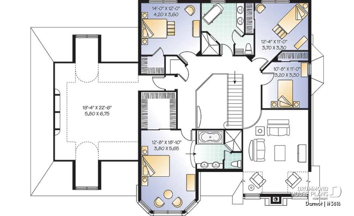 2nd level - European castle style house plan, 4 bedrooms + large bonus room, 2-car garage, large master suite with sitting - Darmot