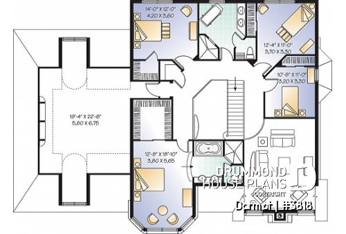 2nd level - European castle style house plan, 4 bedrooms + large bonus room, 2-car garage, large master suite with sitting - Darmot