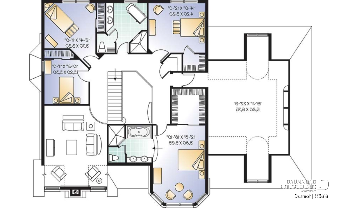2nd level - European castle style house plan, 4 bedrooms + large bonus room, 2-car garage, large master suite with sitting - Darmot