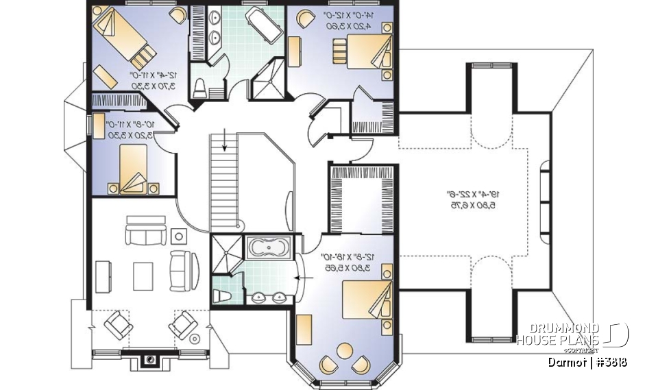 2nd level - European castle style house plan, 4 bedrooms + large bonus room, 2-car garage, large master suite with sitting - Darmot