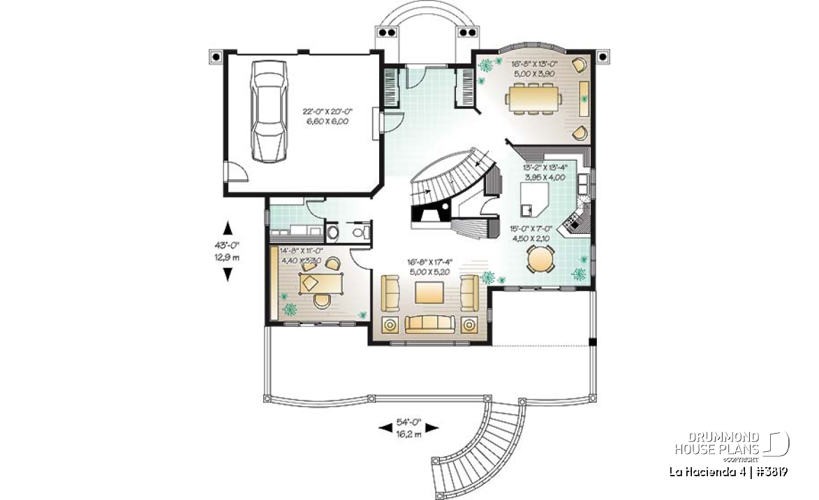 1st level - 4 bedroom Mediteranean house plan, 4 beds, 4 baths, large deck, master suite with fireplace &amp; balcony - La Hacienda 4