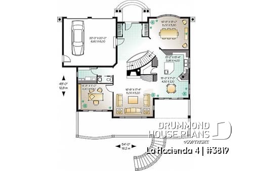 1st level - 4 bedroom Mediteranean house plan, 4 beds, 4 baths, large deck, master suite with fireplace & balcony - La Hacienda 4
