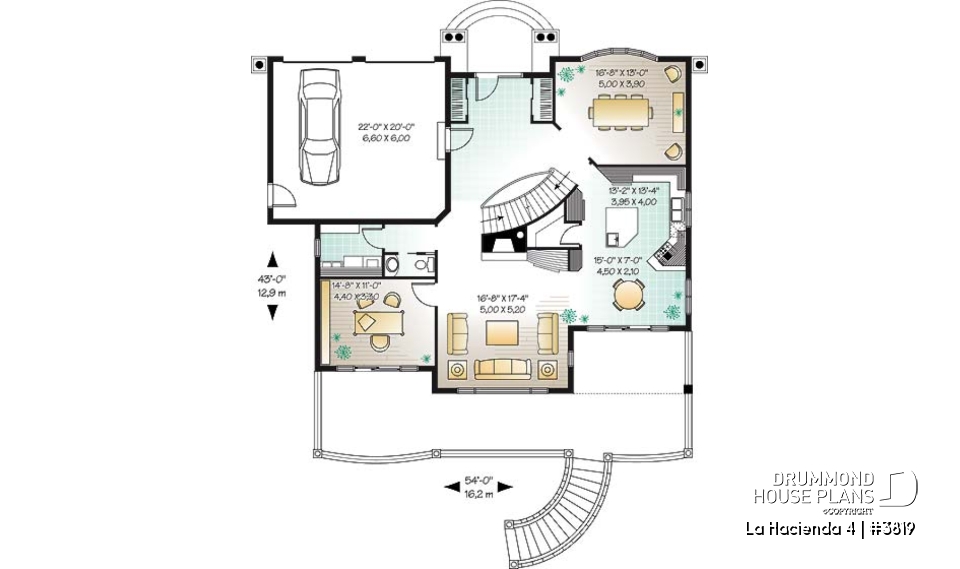 1st level - 4 bedroom Mediteranean house plan, 4 beds, 4 baths, large deck, master suite with fireplace &amp; balcony - La Hacienda 4
