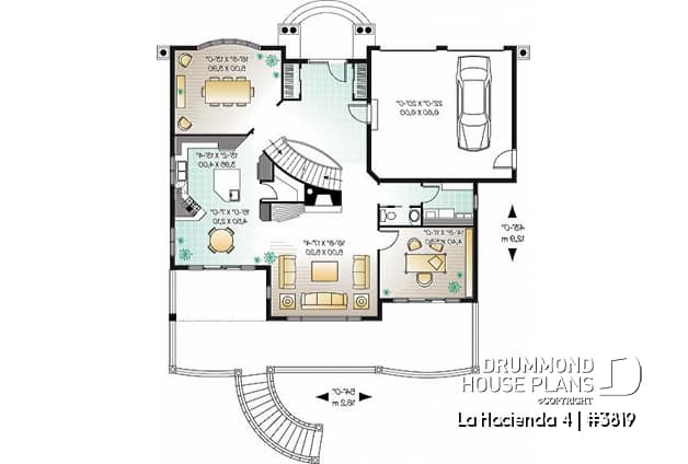 1st level - 4 bedroom Mediteranean house plan, 4 beds, 4 baths, large deck, master suite with fireplace & balcony - La Hacienda 4