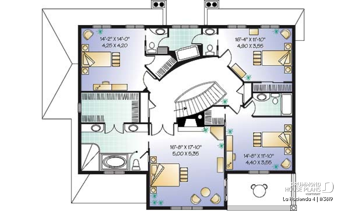 2nd level - 4 bedroom Mediteranean house plan, 4 beds, 4 baths, large deck, master suite with fireplace &amp; balcony - La Hacienda 4
