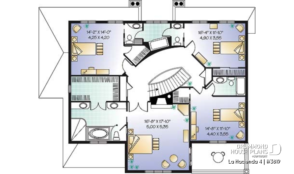 2nd level - 4 bedroom Mediteranean house plan, 4 beds, 4 baths, large deck, master suite with fireplace &amp; balcony - La Hacienda 4