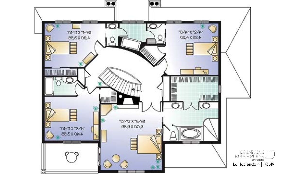 2nd level - 4 bedroom Mediteranean house plan, 4 beds, 4 baths, large deck, master suite with fireplace &amp; balcony - La Hacienda 4