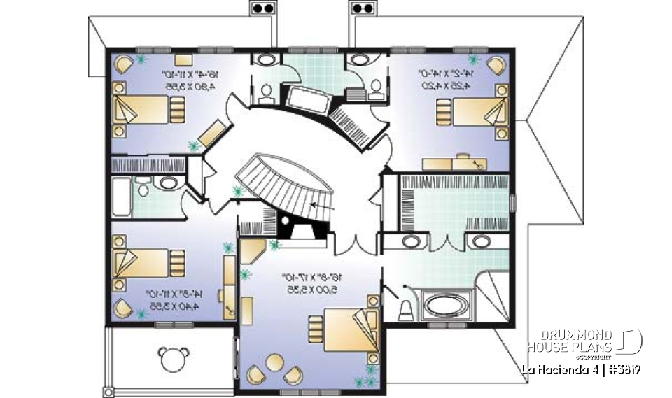 2nd level - 4 bedroom Mediteranean house plan, 4 beds, 4 baths, large deck, master suite with fireplace &amp; balcony - La Hacienda 4